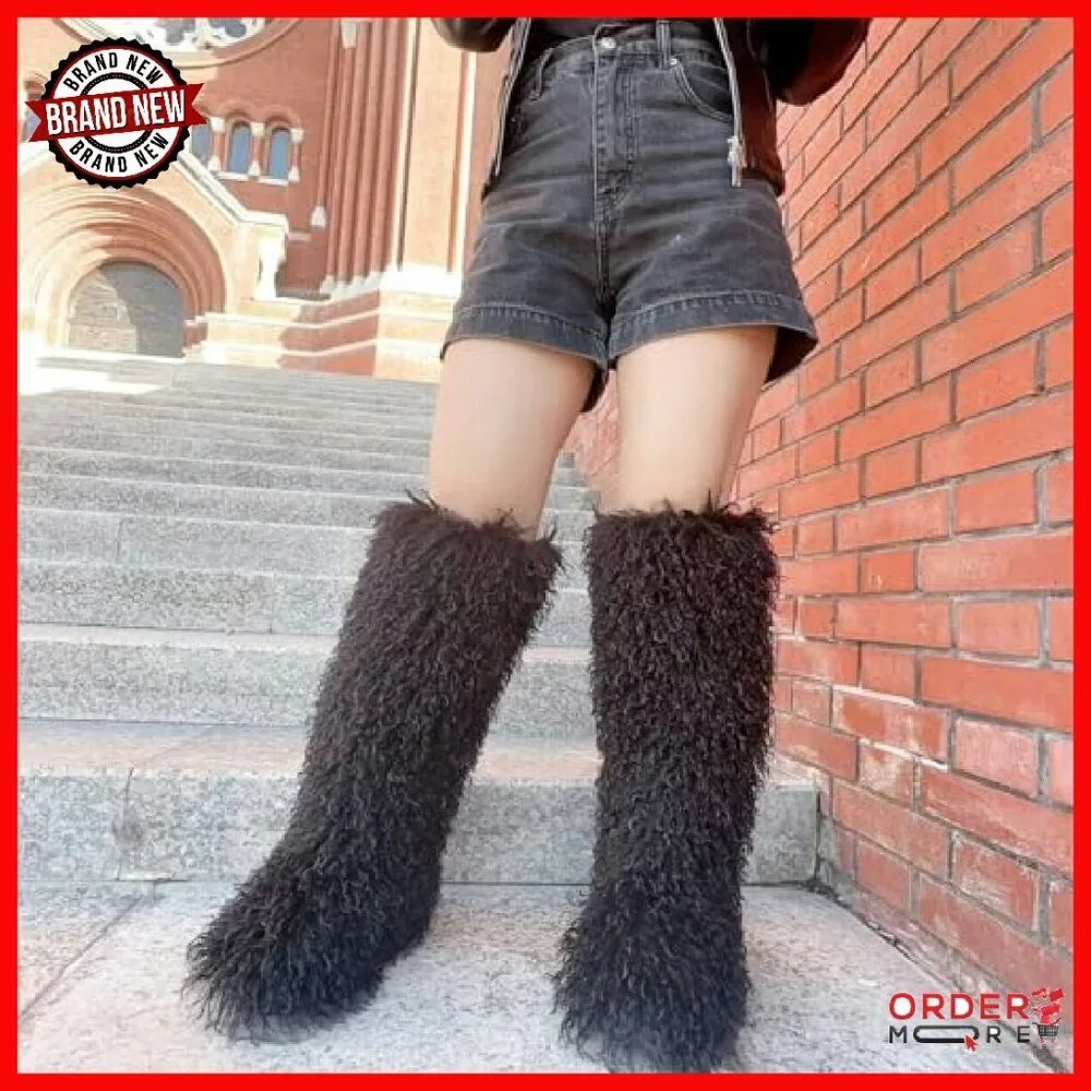 Faux Fur Tall Winter Boots, Knee-High Fluffy Boots for Women & Girls